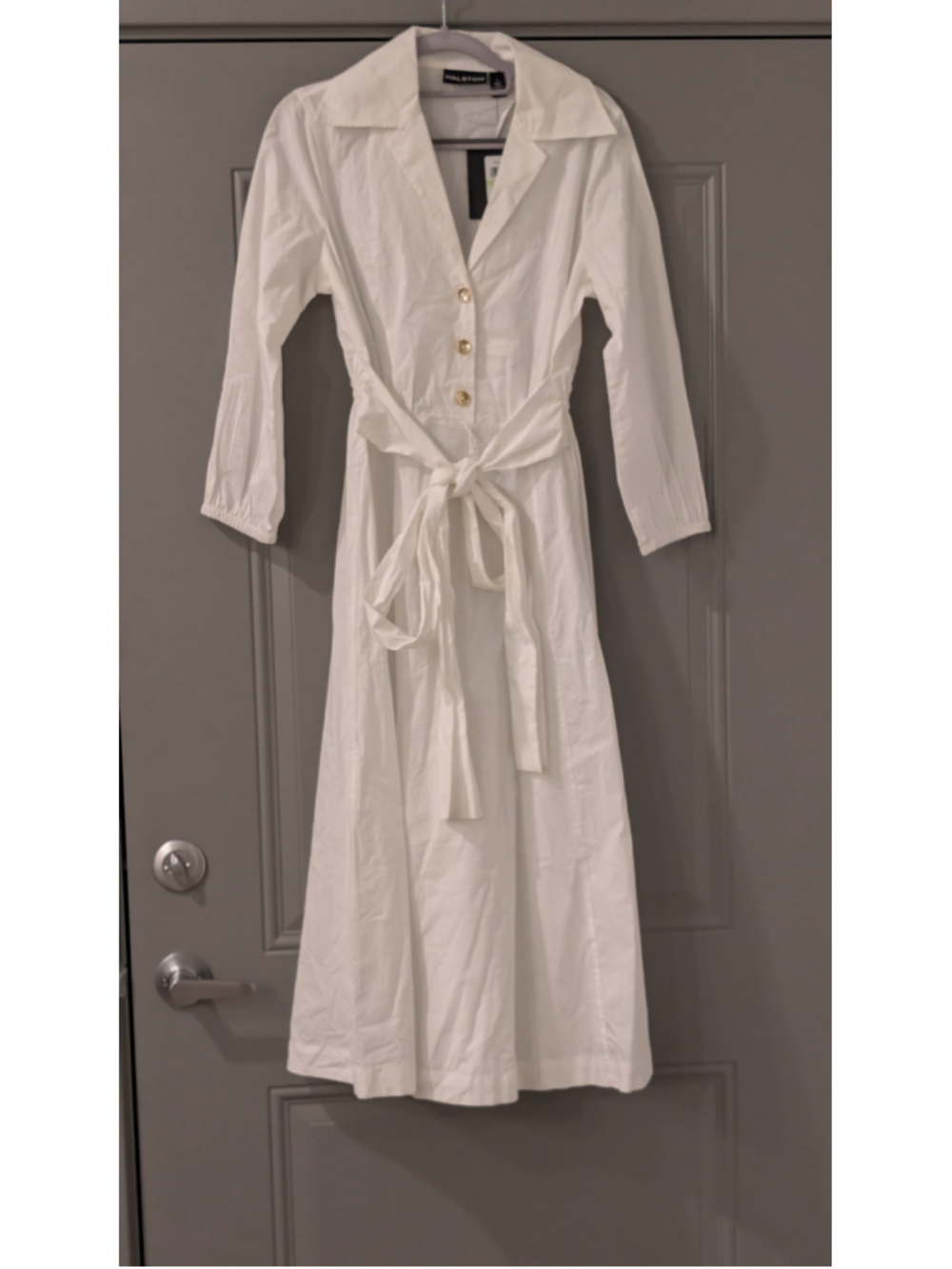 Women's Halston White Midi Dress with Gold Buttons, Size 4